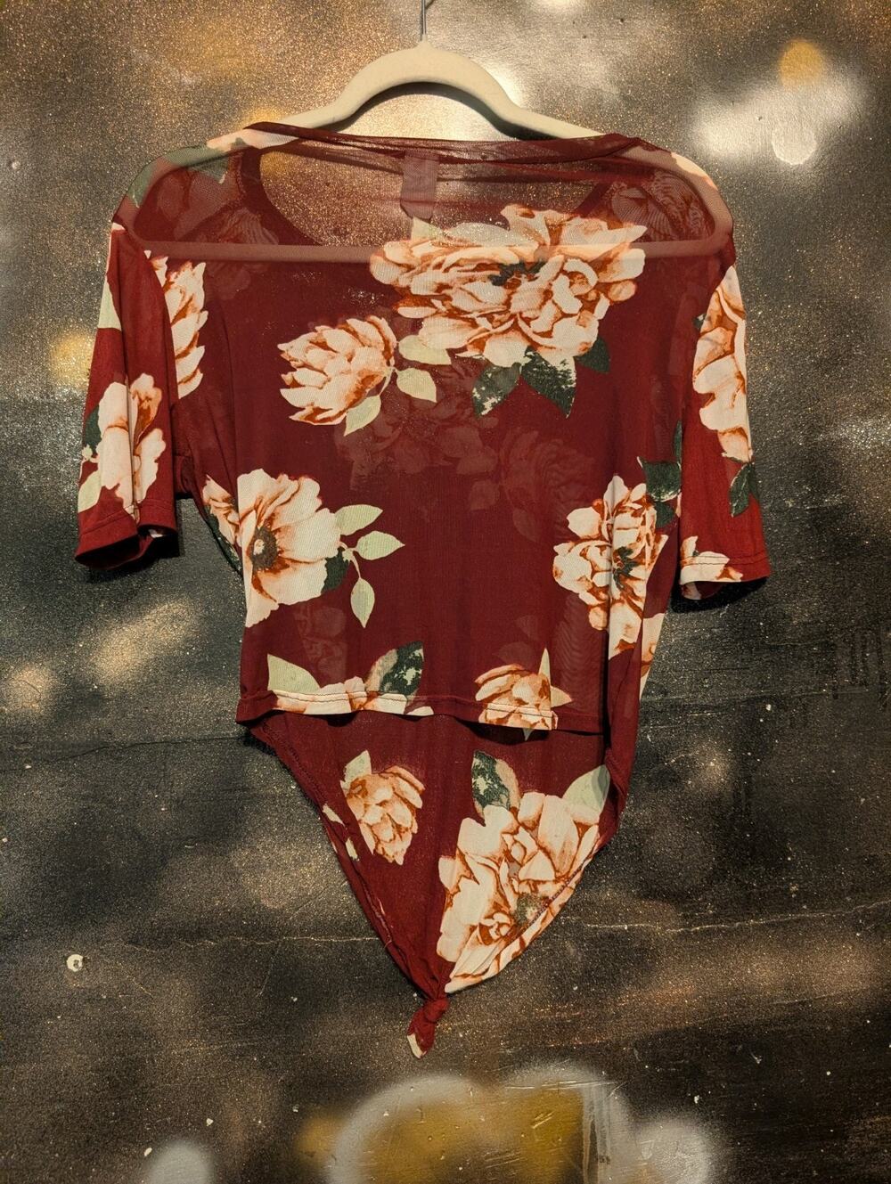 Cacia Women's Floral Mesh Tie Front Top Burgundy Short Sleeve Boho Size Large